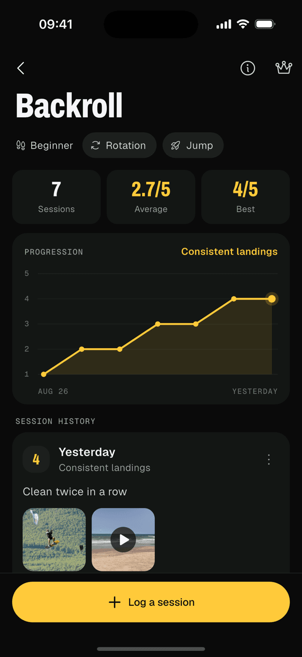 TrickTrack screen showing the backroll's history: seven sessions with photos and videos