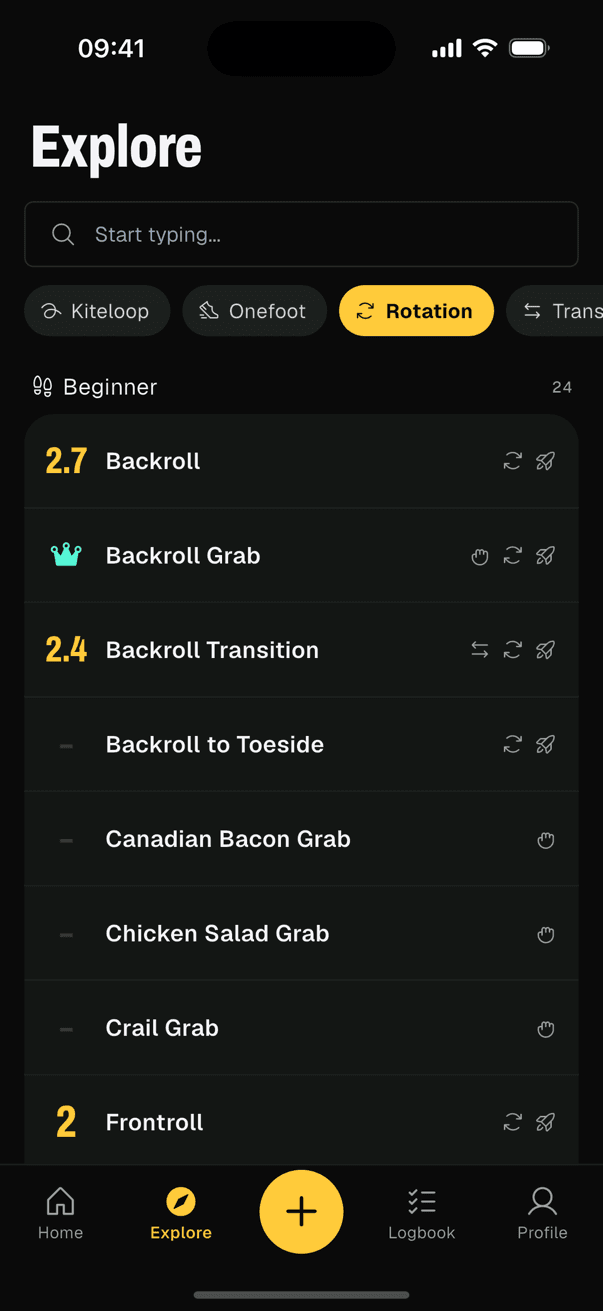 TrickTrack's Explore screen listing kite tricks with their level and categories