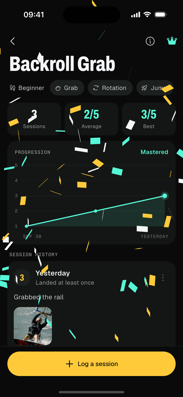 TrickTrack screen with confetti falling as the backroll grab is marked mastered